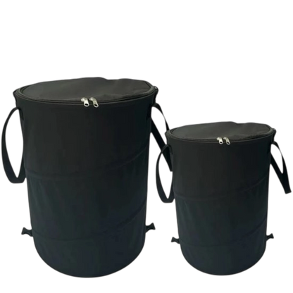 productfoto van een opvouwbare prullenbak van 90liter en 60liter  in zwart met deksel met rits