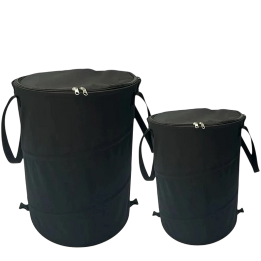 productfoto van een opvouwbare prullenbak van 90liter en 60liter  in zwart met deksel met rits