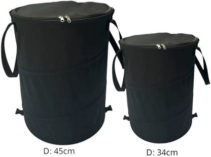 productfoto van een opvouwbare prullenbak van 90liter en 60liter  in zwart met deksel met rits