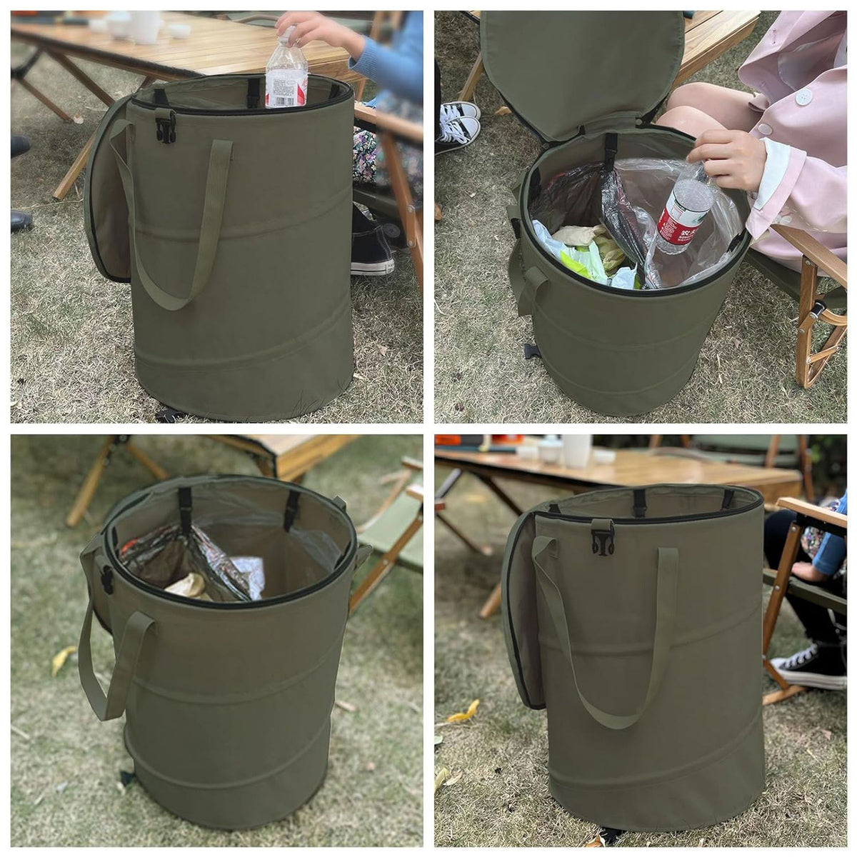 Outdoor Camping Folding Trash Can, Thickened Picnic Oxford Cloth Garden Portable Barbecue Leaf Elastic Bin with Lid