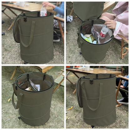 Outdoor Camping Folding Trash Can, Thickened Picnic Oxford Cloth Garden Portable Barbecue Leaf Elastic Bin with Lid