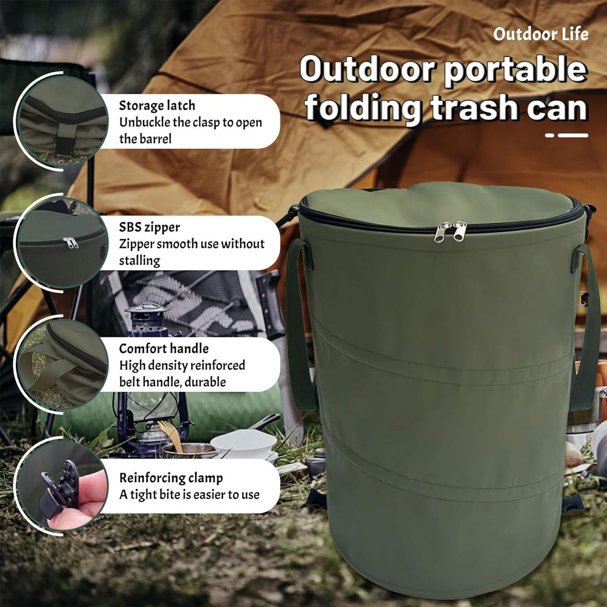 Outdoor Camping Folding Trash Can, Thickened Picnic Oxford Cloth Garden Portable Barbecue Leaf Elastic Bin with Lid