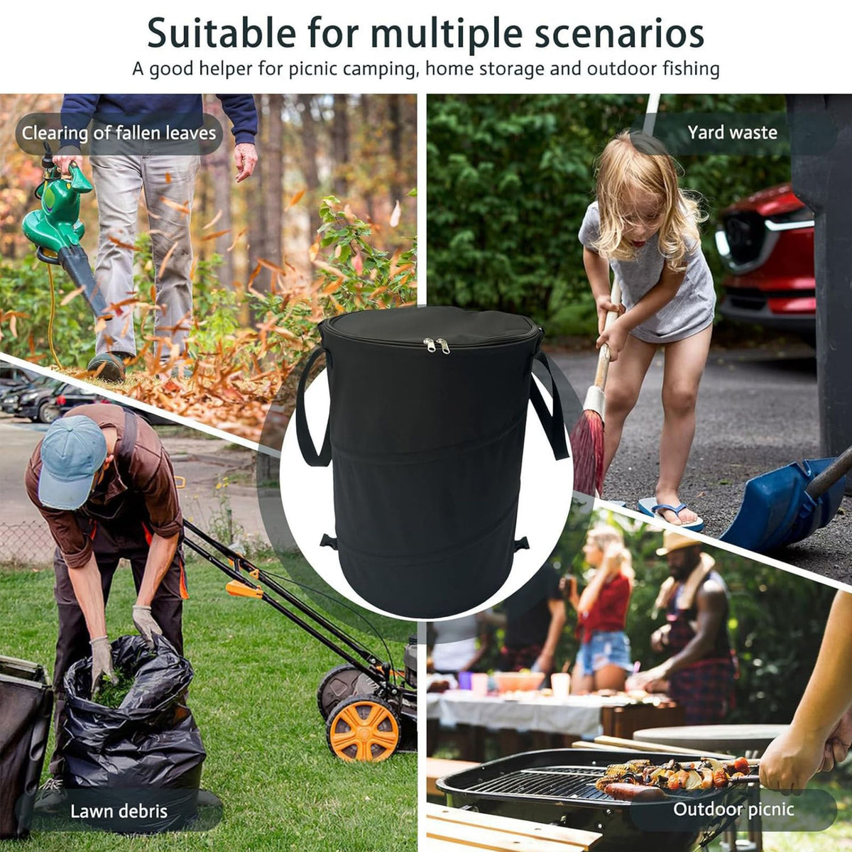 Outdoor Camping Folding Trash Can, Thickened Picnic Oxford Cloth Garden Portable Barbecue Leaf Elastic Bin with Lid