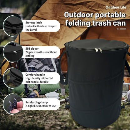 Outdoor Camping Folding Trash Can, Thickened Picnic Oxford Cloth Garden Portable Barbecue Leaf Elastic Bin with Lid