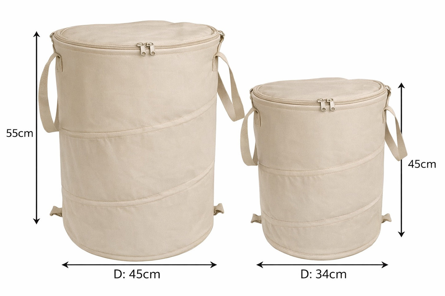 overzicht van opvouwbare prullenmand met rits in 2 maten met maataanduiding in de kleur beige