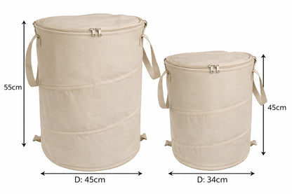 overzicht van opvouwbare prullenmand met rits in 2 maten met maataanduiding in de kleur beige