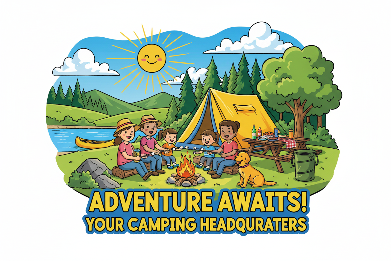 Comic an een gezin met kinderen die gezellig om een vuurtje zitten met aan de zijkant een camping prullenbak