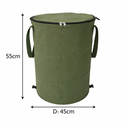 productfoto van een opvouwbare prullenbak van 90liter in Groen met ritsbare deksel