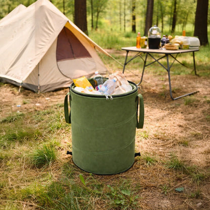 sfeervol van een opvouwbare prullenbak van 90liter in Groen met ritsbare deksel voor een tent