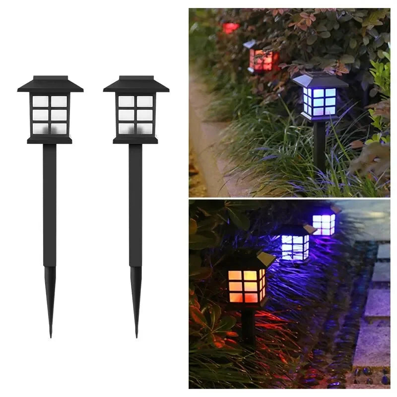 Beeld van solarlampen verschillende kleuren op een prikpaal met 2 sfeefotos - kampeerprullenbak.nl