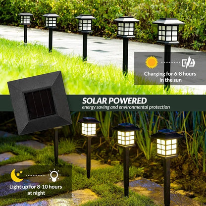 Beeld van solarlampen op een prikpaal met 2 sfeerfotos langs een pad - kampeerprullenbak.nl