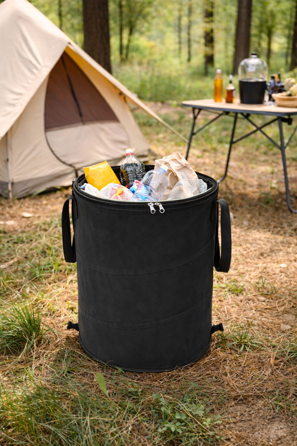 vuilnisemmer zwart gevuld met afval voor een tent op de camping